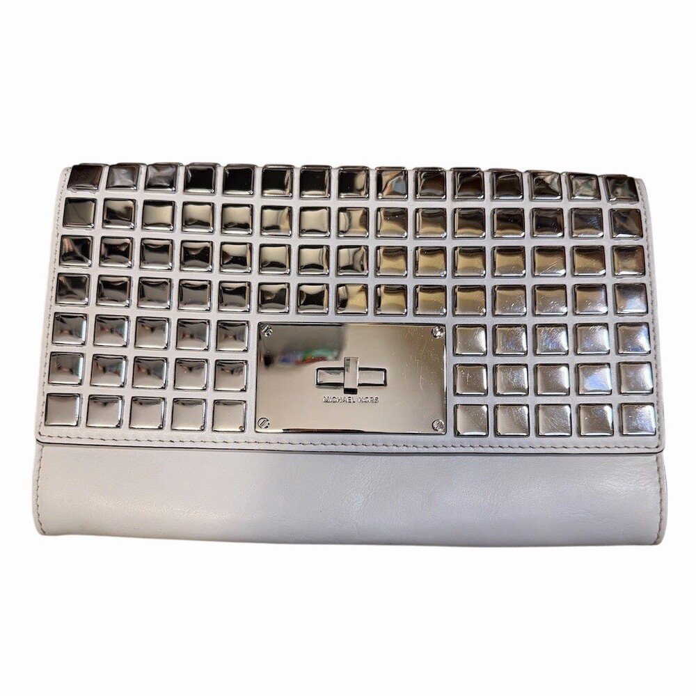 Michael Kors Natalia Clutch White Silver Tiled Turn Lock